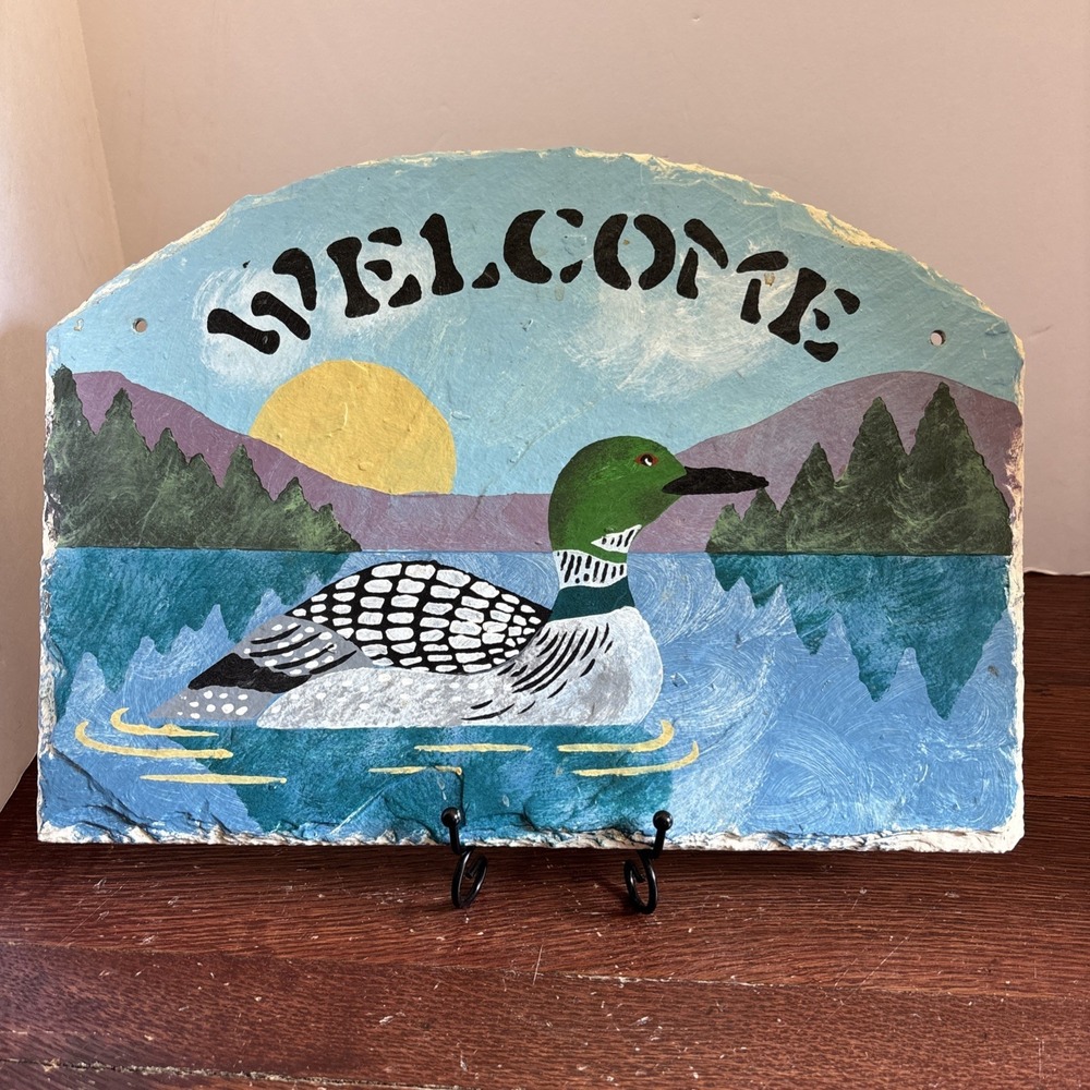 Duck Welcome Sign Hand Painted Slate Plaque Cap Code Stencil Co 14" Vintage EUC